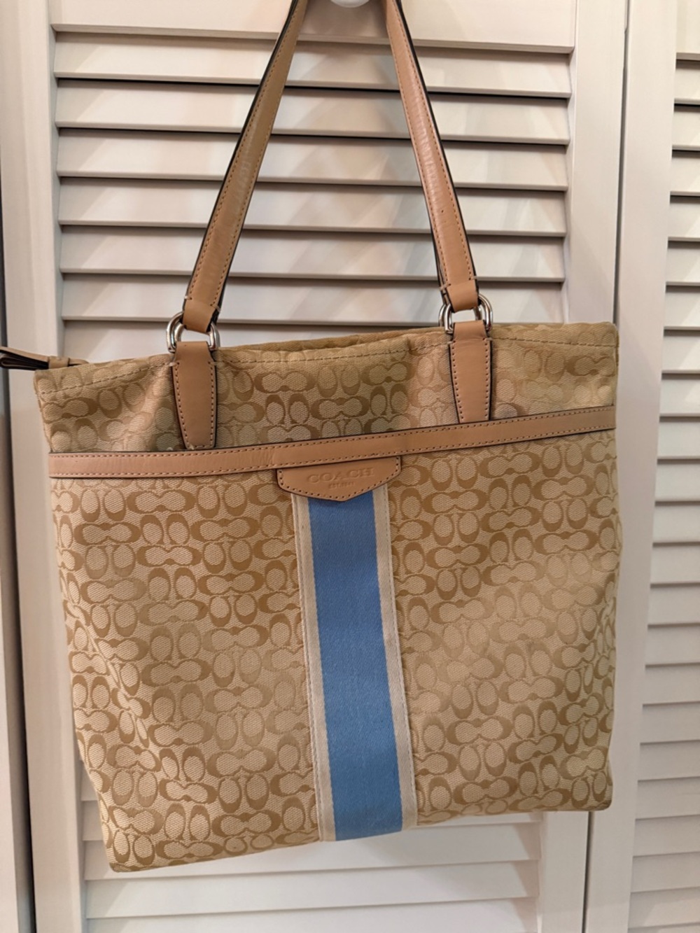 Coach Beige Canvas Tote with Light Blue Center Stripe